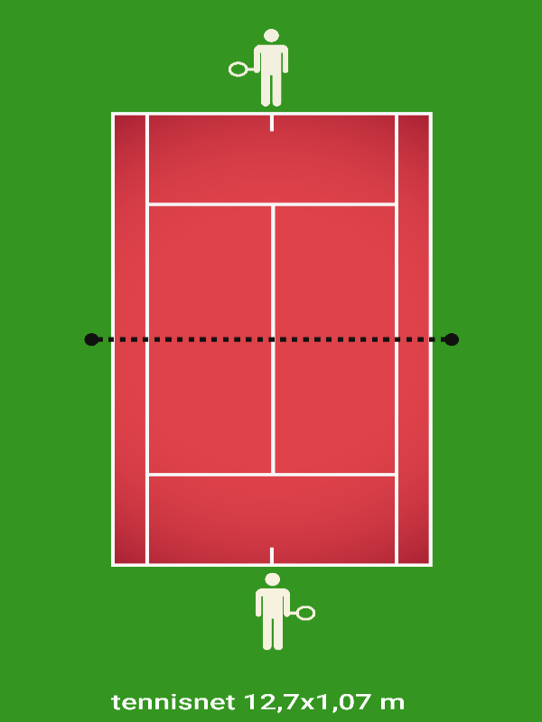 Tennisnet over de volledige breedte van het tennisveld. Standaard afmeting